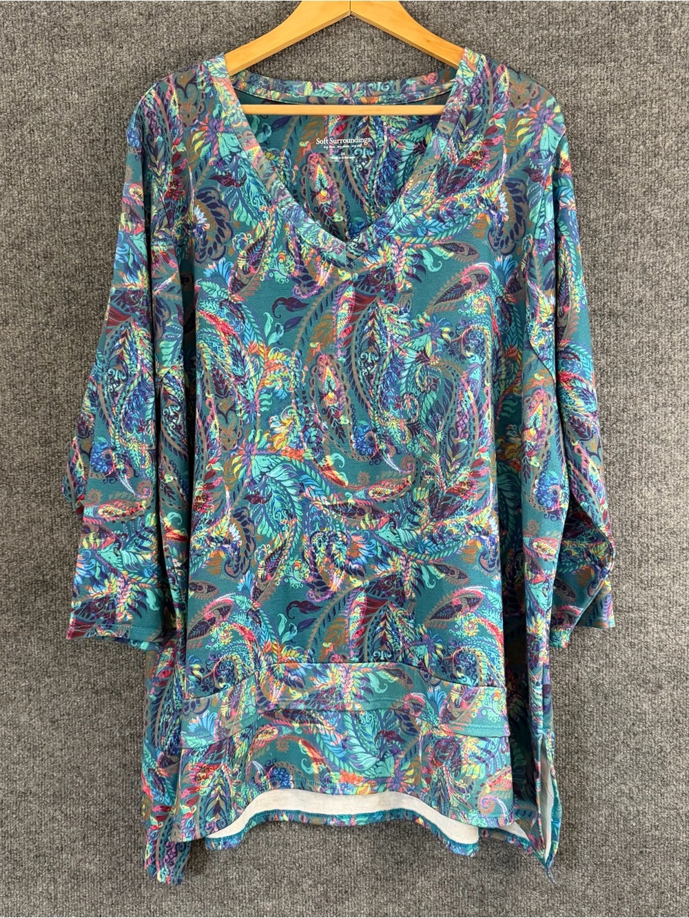 Soft Surroundings Womens 2X Paisley Tunic Top Multicolor 3/4 Sleeve Casual